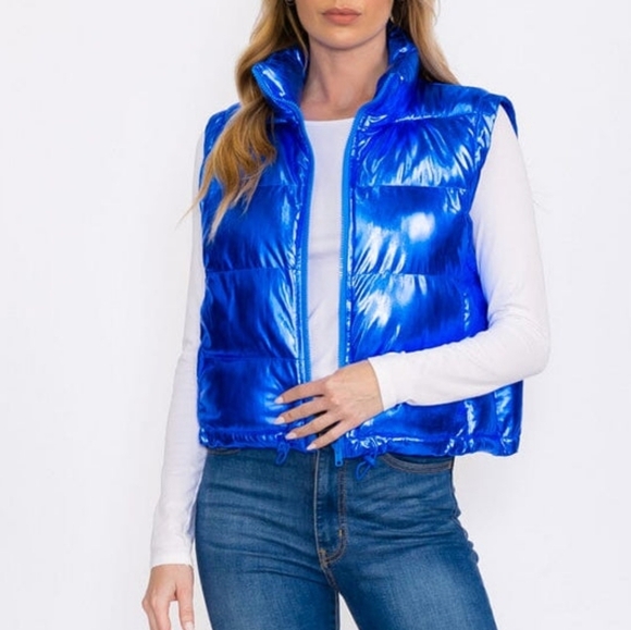 Women's Sleeveless Zip-Up Front Metallic Lightweight Puffer Vest Pockets Blue - Picture 1 of 10